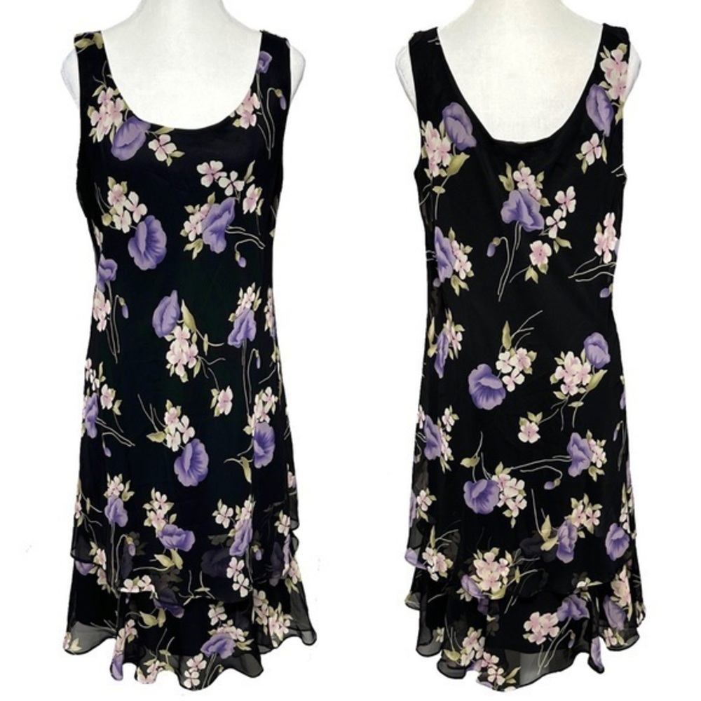 Vintage 90s JBS Black Floral Chiffon Layered Dress Fairycore Whimsigoth Size 12